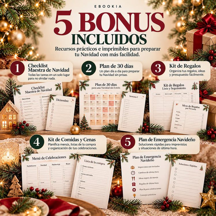 Fotografía promocional de los cinco bonus navideños y sus páginas imprimibles
