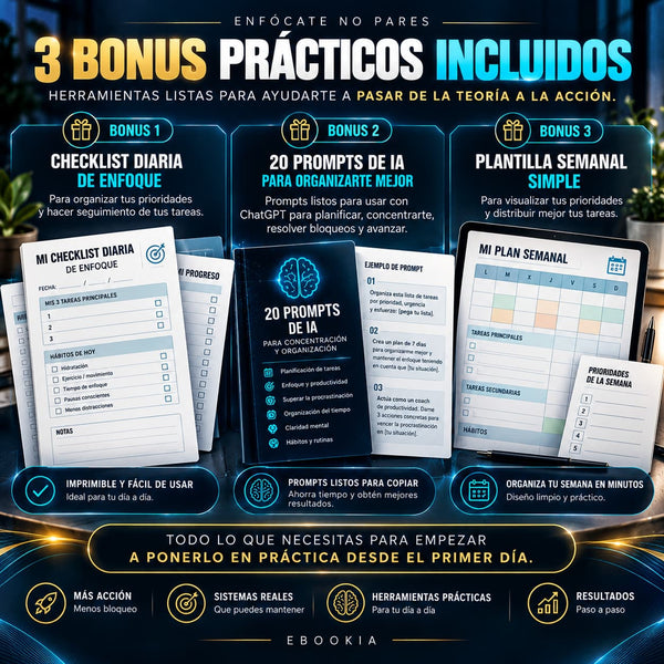 Infografía de los tres bonus: checklist diaria, 20 prompts de IA y plantilla semanal